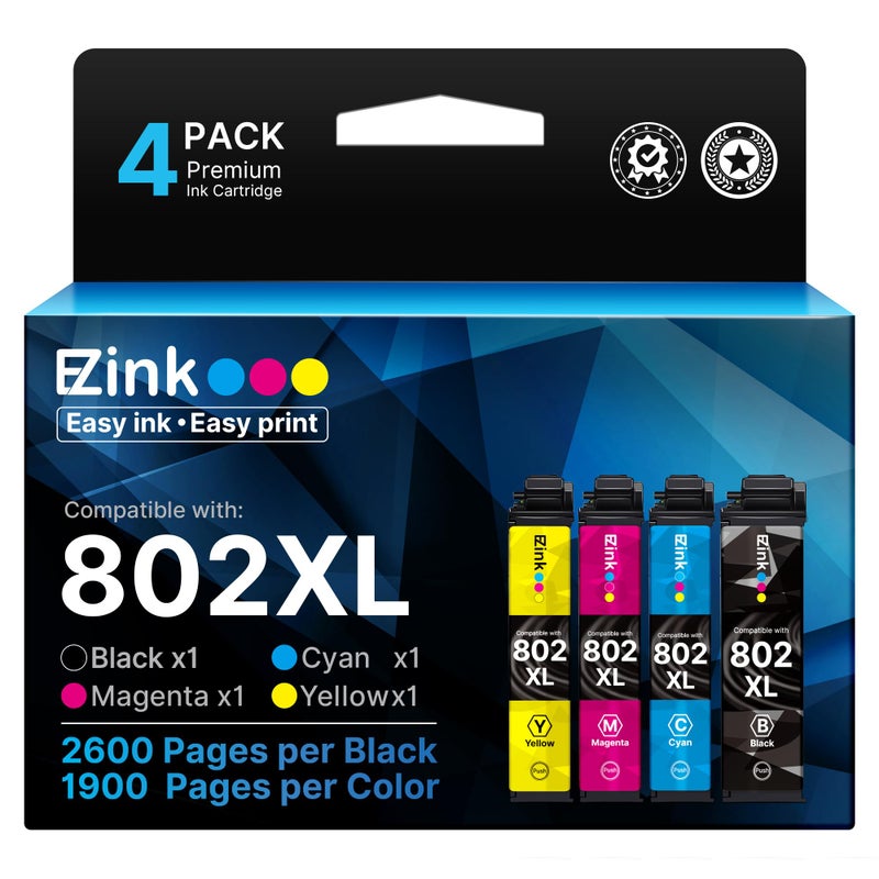 E-Z Ink Remanufactured Ink Cartridge Replacement for Epson 802XL 802 T802XL T802 to use with Workforce Pro WF-4740 WF-4730 WF-4720 WF-4734 EC-4020 EC-4030 (Black Cyan Magenta Yellow, 4 Pack) - Image 1